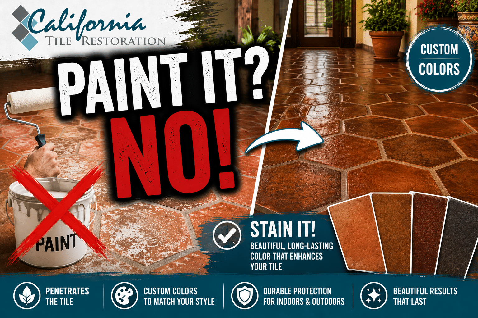 Terracotta and Saltillo tile floor color transformation showing why staining is preferred over painting for clay tile floors