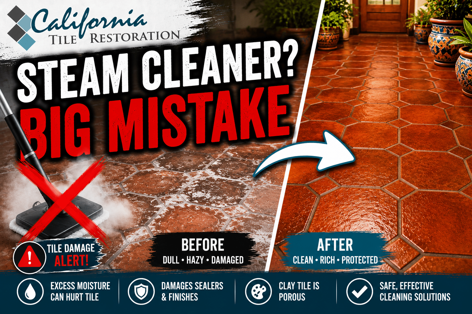 Steam mop with red warning symbol over Saltillo tile floor showing potential damage caused by steam cleaning clay tile surfaces