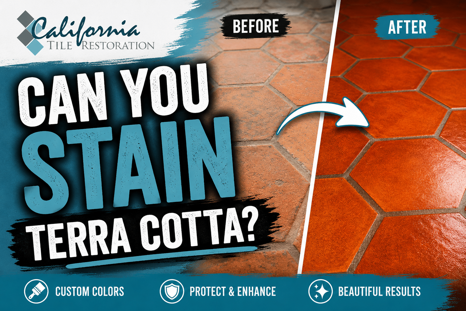Before and after terra cotta tile floor staining showing custom color transformation by California Tile Restoration