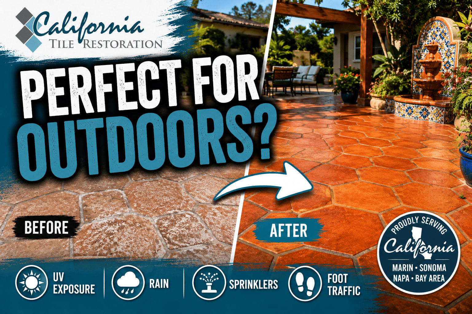 Outdoor Saltillo tile patio before and after restoration showing weathered versus professionally sealed Saltillo pavers