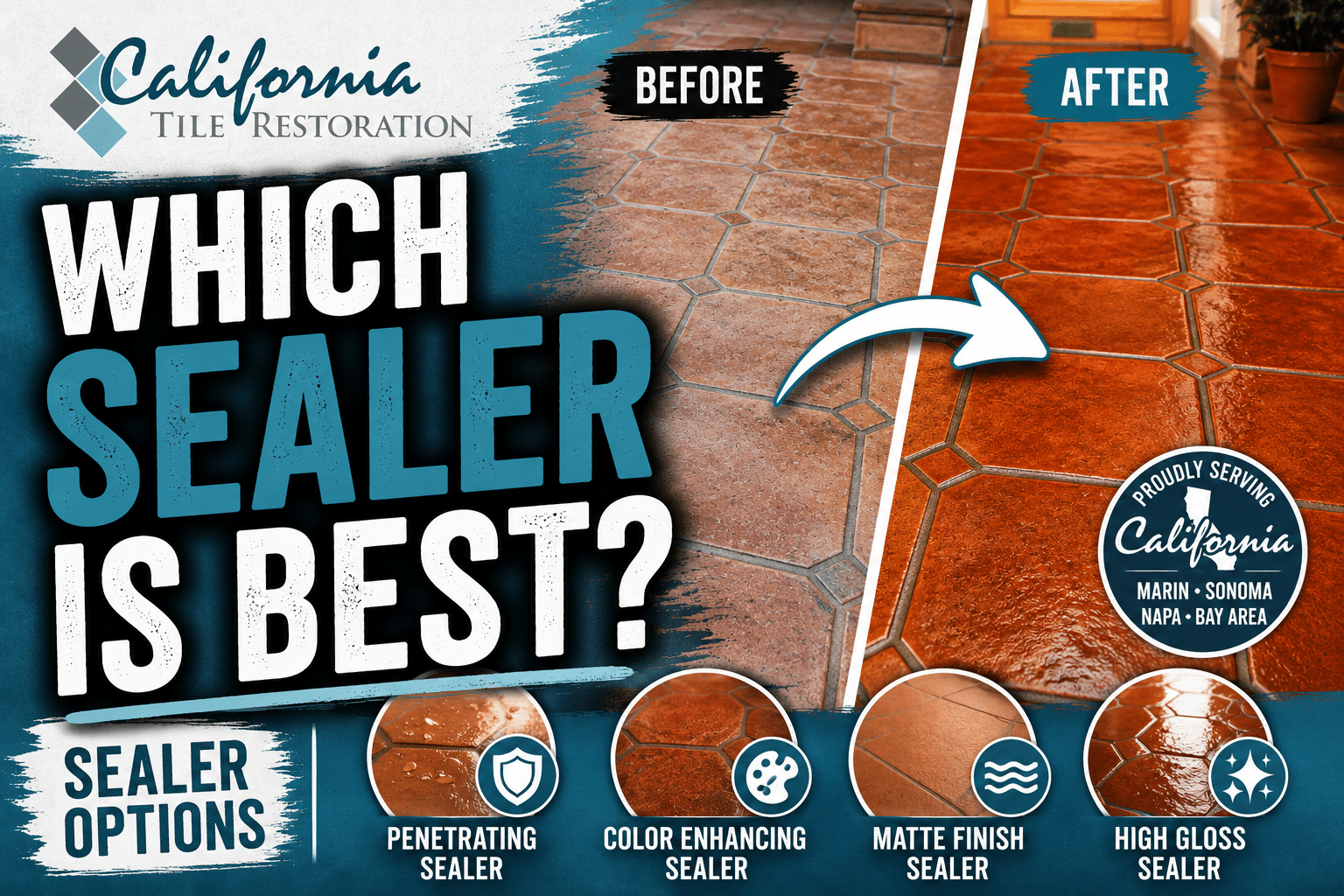 Comparison of Saltillo tile sealer options including penetrating sealer, color enhancing sealer, matte finish sealer and high gloss sealer