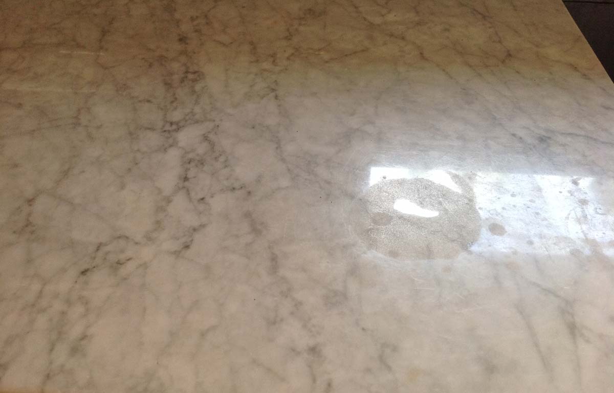 Chlorine Bleach Disaster on White Carrera Marble