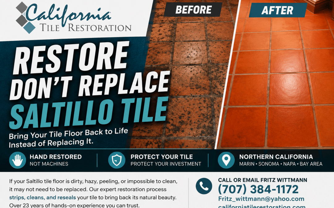 Before and after Saltillo tile floor restoration by California Tile Restoration in Northern California