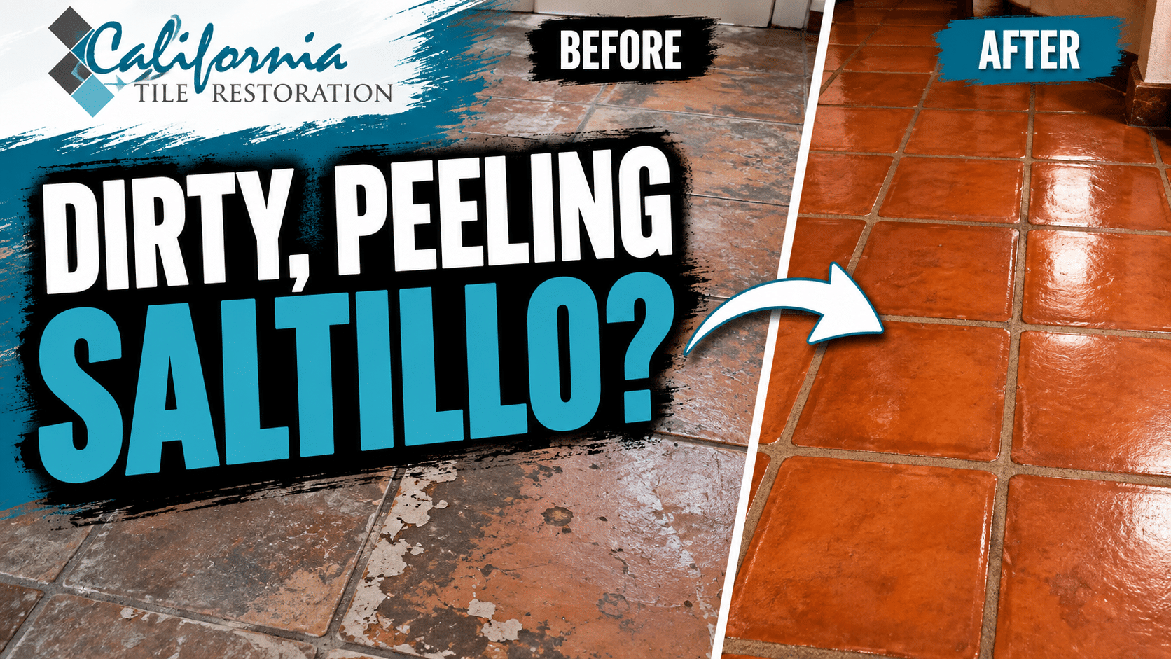 Before and after Saltillo tile restoration showing dull peeling tile restored with cleaning, stripping, and sealing
