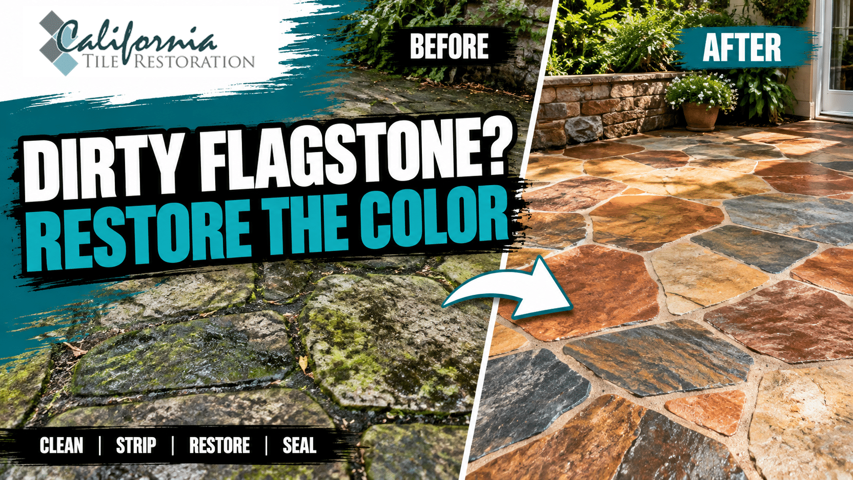Before and after flagstone patio restoration showing moldy discolored stone cleaned, color enhanced, and sealed in San Rafael