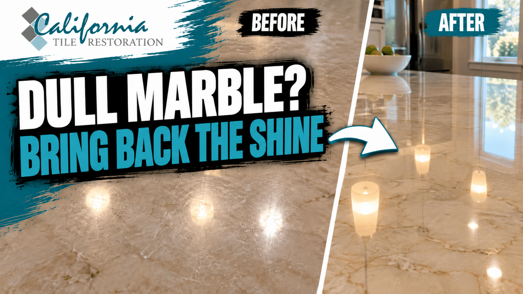 Before and after marble countertop polishing showing dull etched marble restored to a bright reflective finish