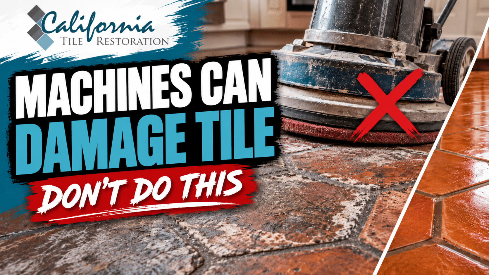 Floor cleaning machine on irregular tile showing how buffers can damage Saltillo, slate, flagstone, and brick surfaces